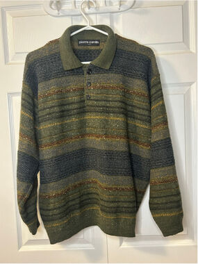 Pierre Cardin Paris Vintage Wool Blend Striped Knit Polo Sweater Green L
